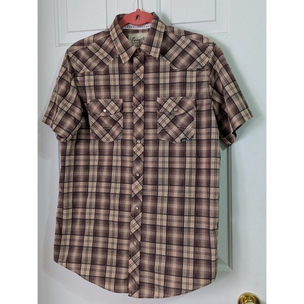 Coastal Western Button Shirt Mens Medium Brown Plaid Pearl Snap S/S Logo Cowboy
